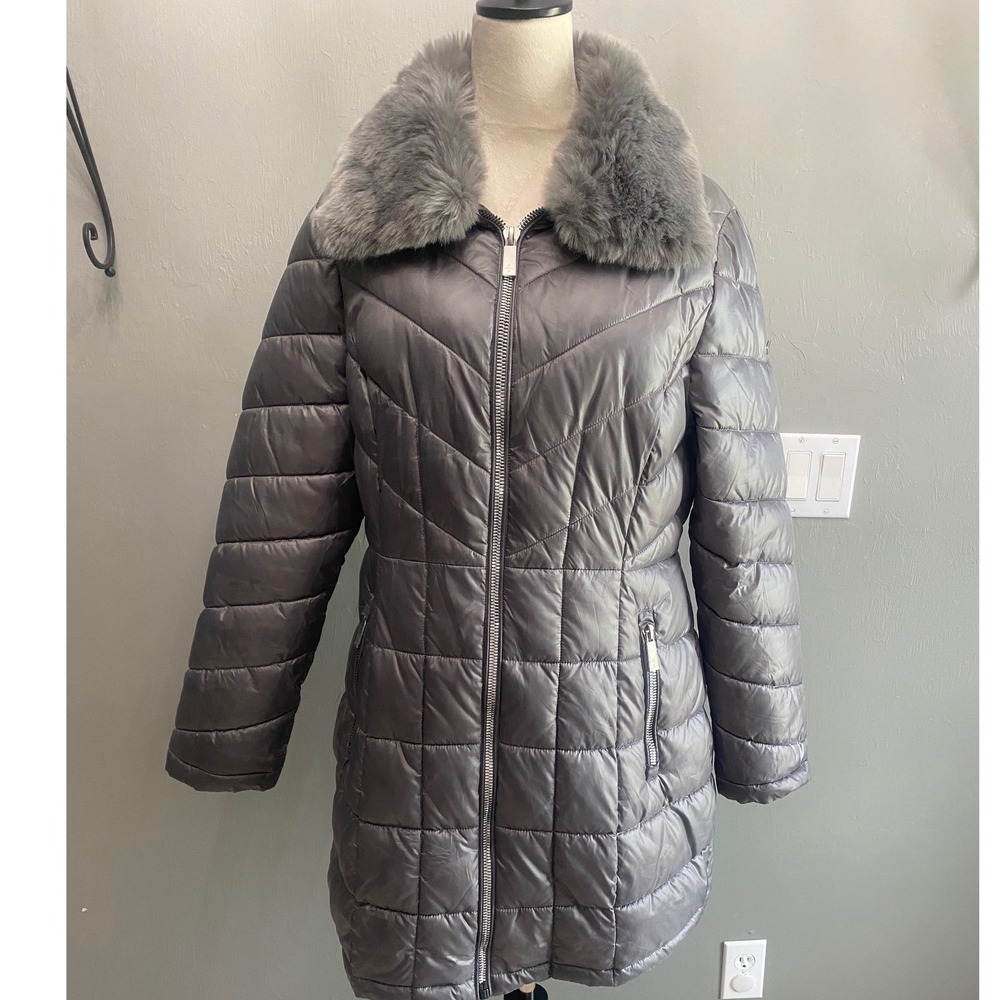 Kenneth Cole New York Womens Gray Faux Fur Collar Puffer Coat Jacket Large L
